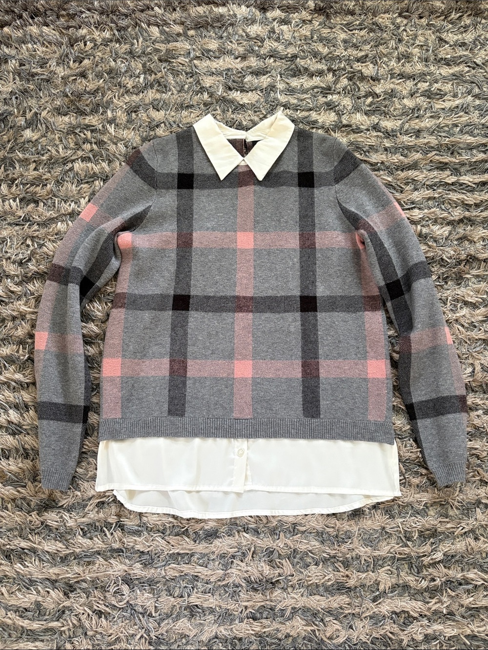 Tahari Gray and Pink Plaid Sweater with Satin White Faux-Layer Collar Size M